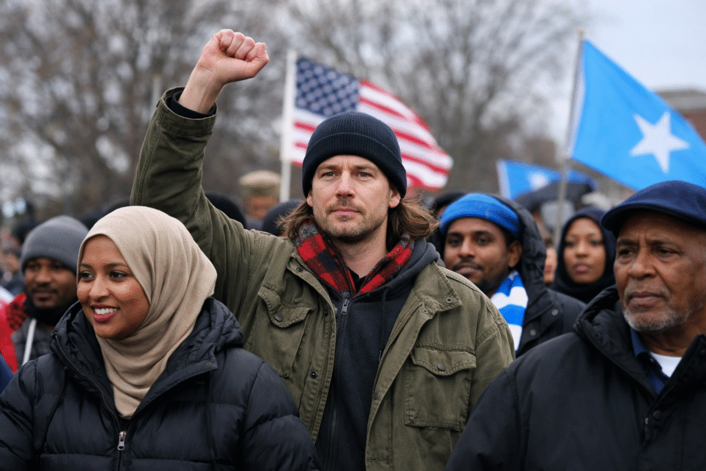 Democrat Senate candidate Graham Platner raises his fist while marching beside Somali activist Safiya Khalid at a cold-weather rally, with American and Somali flags visible among the crowd in the background.
