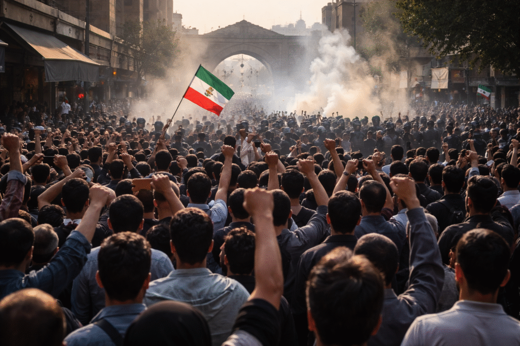 Large crowd of Iranian protesters gathered inside Tehran’s Grand Bazaar, raising fists as tear gas drifts through the historic market while security forces face demonstrators in the distance.