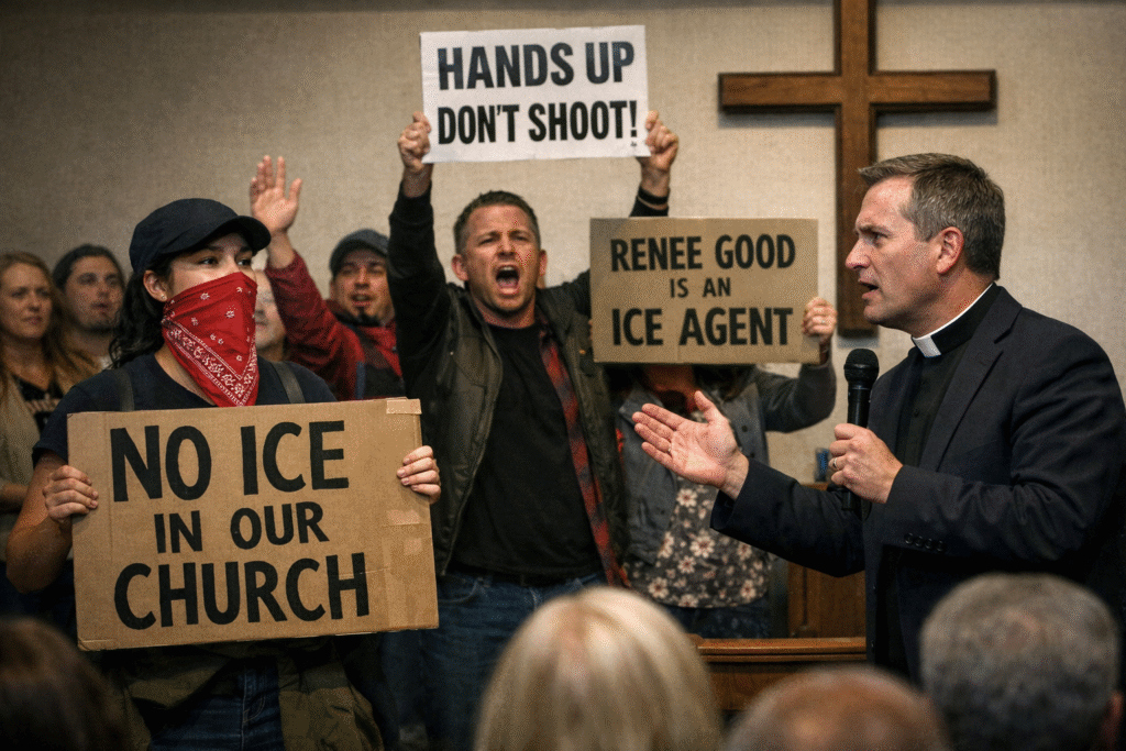 Anti-ICE protesters interrupt a church service, holding protest signs while a pastor stands at the pulpit addressing them, with a cross visible behind the altar and congregants watching.