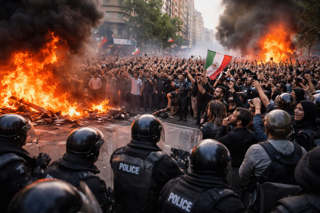 Riot police face a large crowd of protesters in Tehran as fires burn in the street and thick black smoke rises during widespread economic demonstrations.