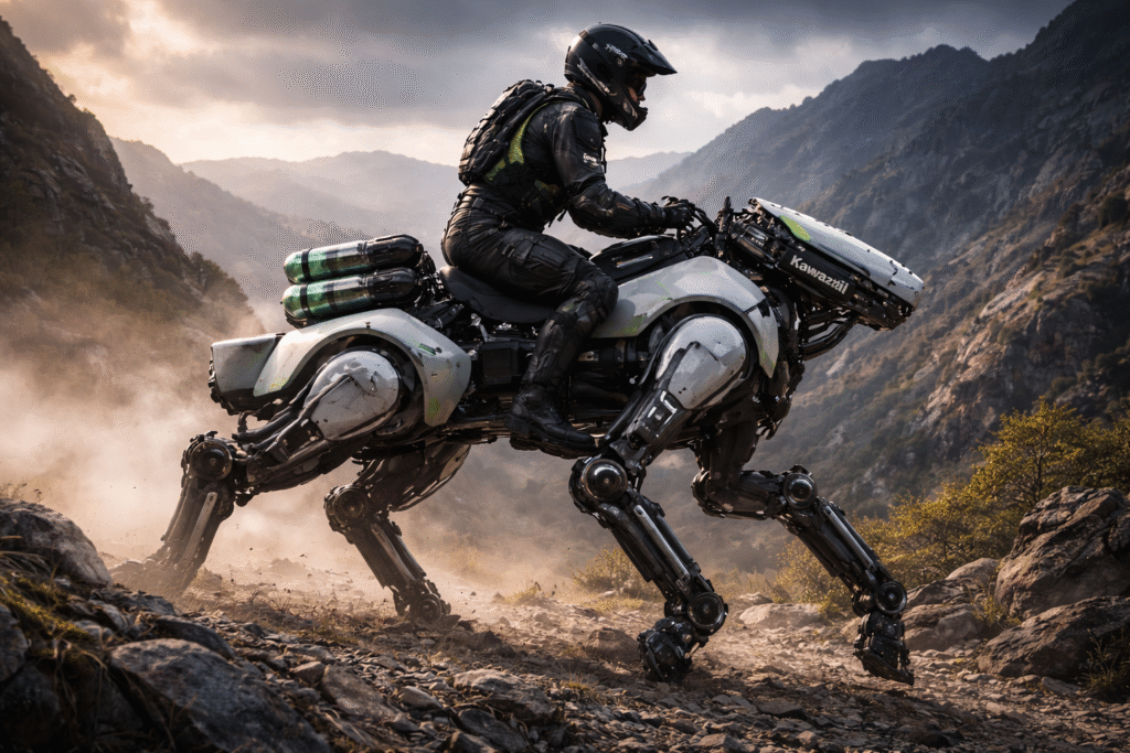 A rider operates Kawasaki’s four-legged robotic horse Corleo as it climbs rocky mountain terrain, showing articulated mechanical legs, a compact body, and rear-mounted hydrogen fuel canisters.