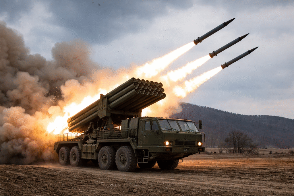 North Korea launches upgraded multiple rocket launcher system from a military vehicle during a daytime test firing, with rockets streaking skyward amid smoke and flames.