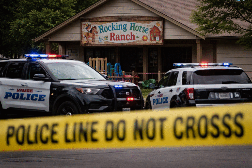 Police vehicles with flashing lights are parked outside Rocking Horse Ranch daycare in Savage, Minnesota, with yellow police tape blocking the entrance and playground equipment visible behind the building.