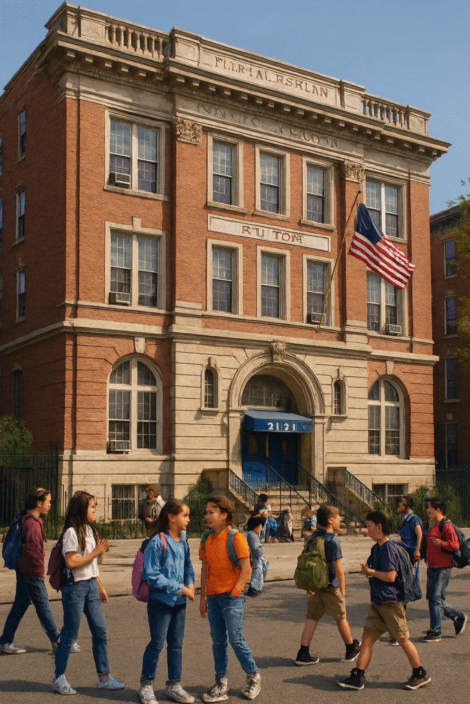A diverse group of students gathers and chats outside a historic red brick school building in New York City.