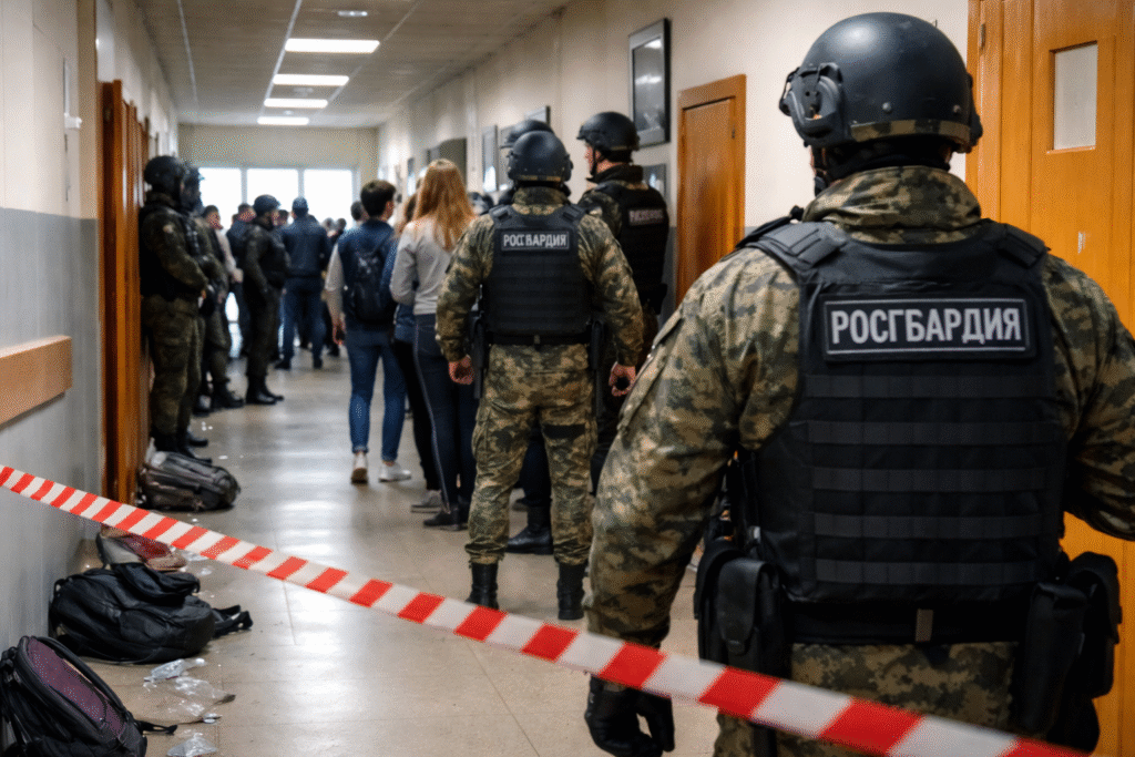 Russian National Guard officers secure a school hallway during an emergency response following a violent incident, with evacuated corridors and police tape visible inside the building.