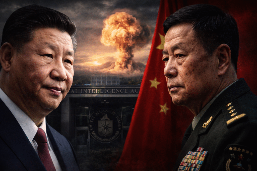 Composite image showing Chinese leader Xi Jinping facing a senior Chinese military officer in uniform, with the CIA headquarters building and a dramatic mushroom cloud image in the background, symbolizing geopolitical tension.