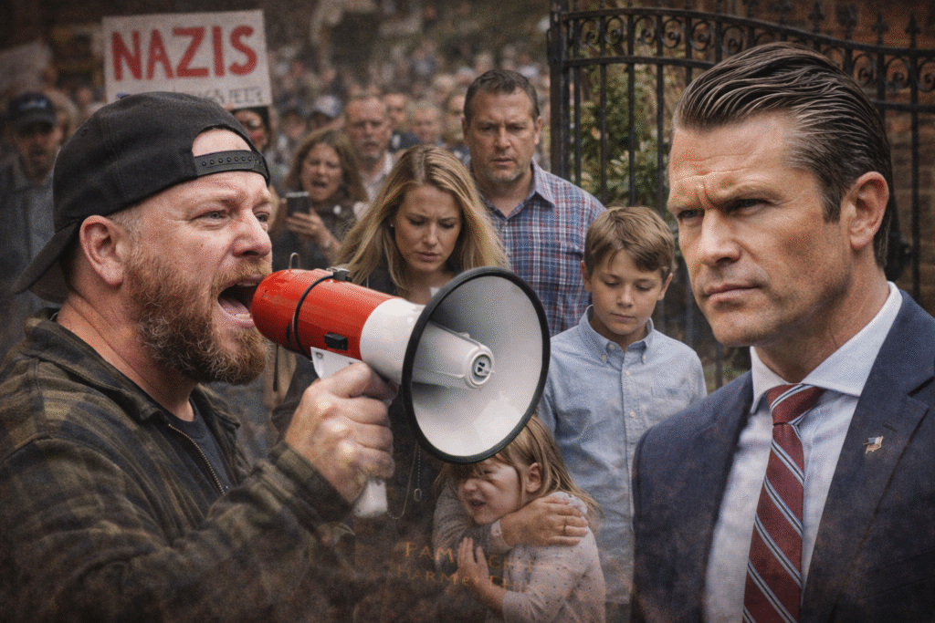 anti-ICE protester using a megaphone outside a church as families with children pass nearby, with former defense official Pete Hegseth standing to the side and a crowd gathered near church gates in the background