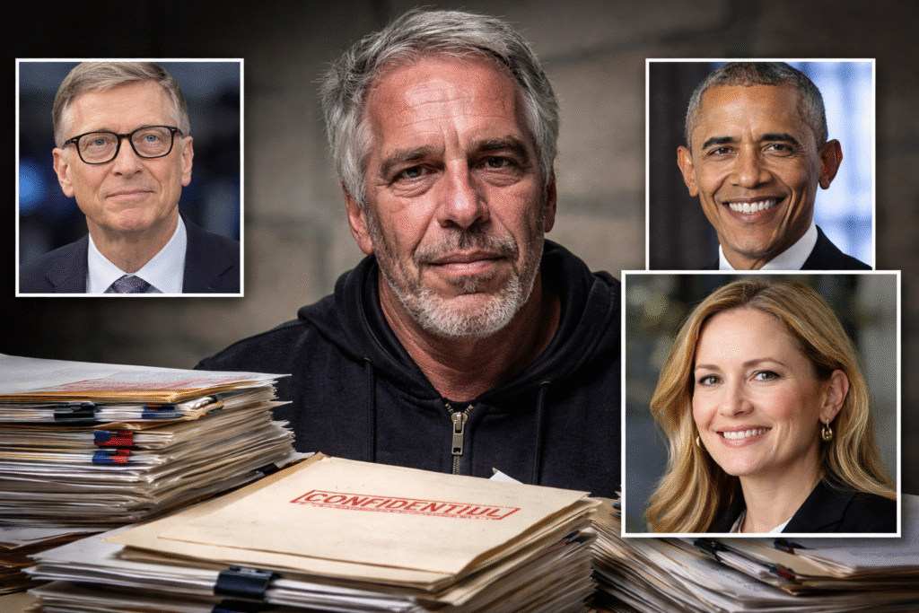 Composite image showing Jeffrey Epstein centered behind stacks of legal documents, with inset portraits of Bill Gates, Barack Obama, and Kathryn Ruemmler arranged around him.
