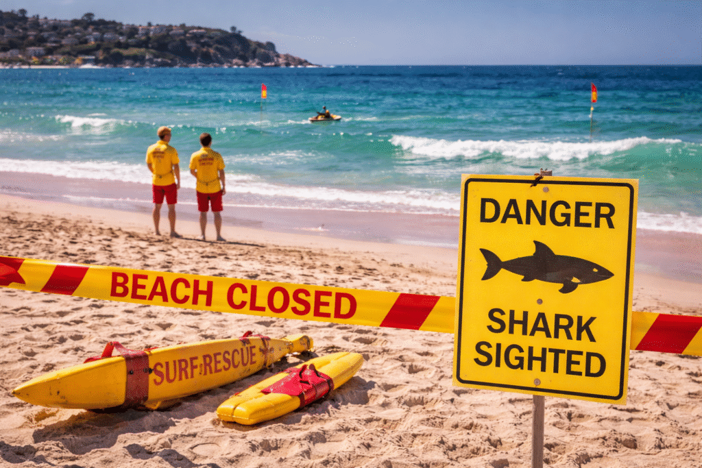 Lifeguards secure a closed Australian beach as warning tape and a shark sighting sign block access, with rescue equipment on the sand and patrols monitoring the water offshore.