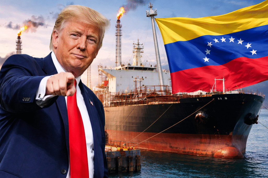 President Donald Trump points toward the camera at a port as an oil tanker and the Venezuelan flag appear in the background, symbolizing U.S. control over sanctioned Venezuelan oil.