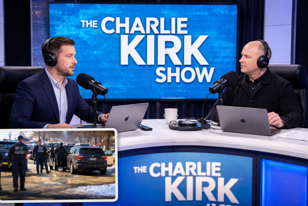 Studio scene from The Charlie Kirk Show featuring two guests at a broadcast desk with microphones and laptops during a live episode aired the morning of Charlie Kirk’s shooting.