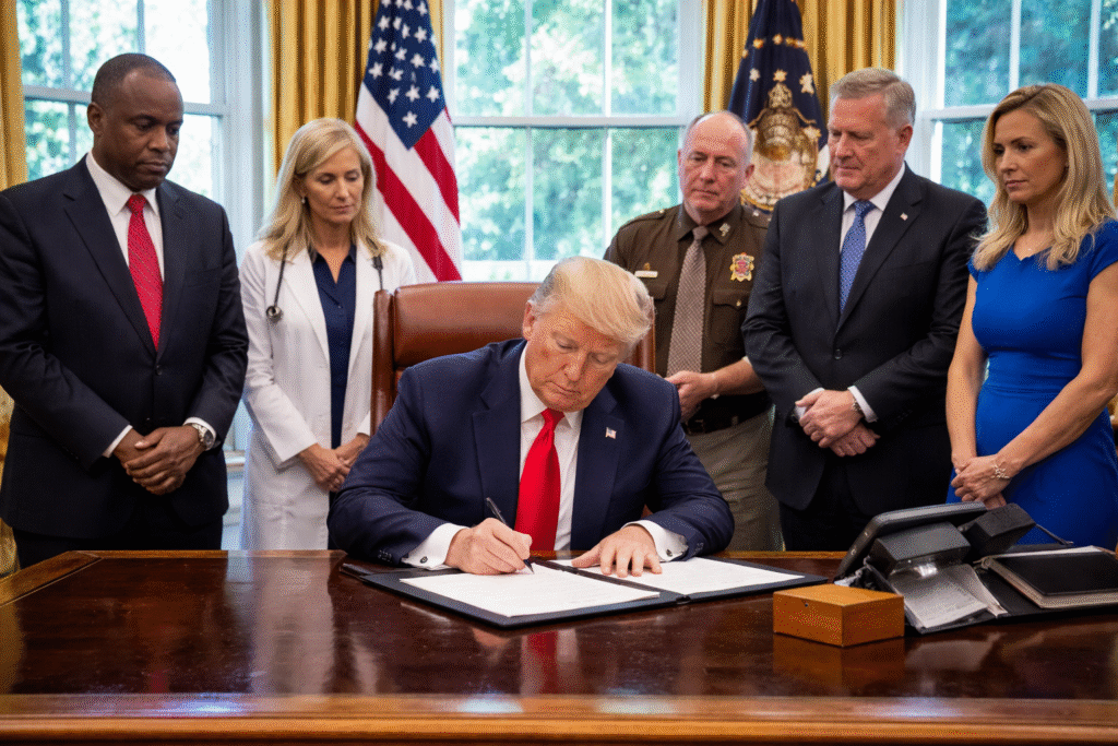 President Donald Trump signs an executive order at the Resolute Desk in the Oval Office, surrounded by administration officials with U.S. and presidential flags in the background.