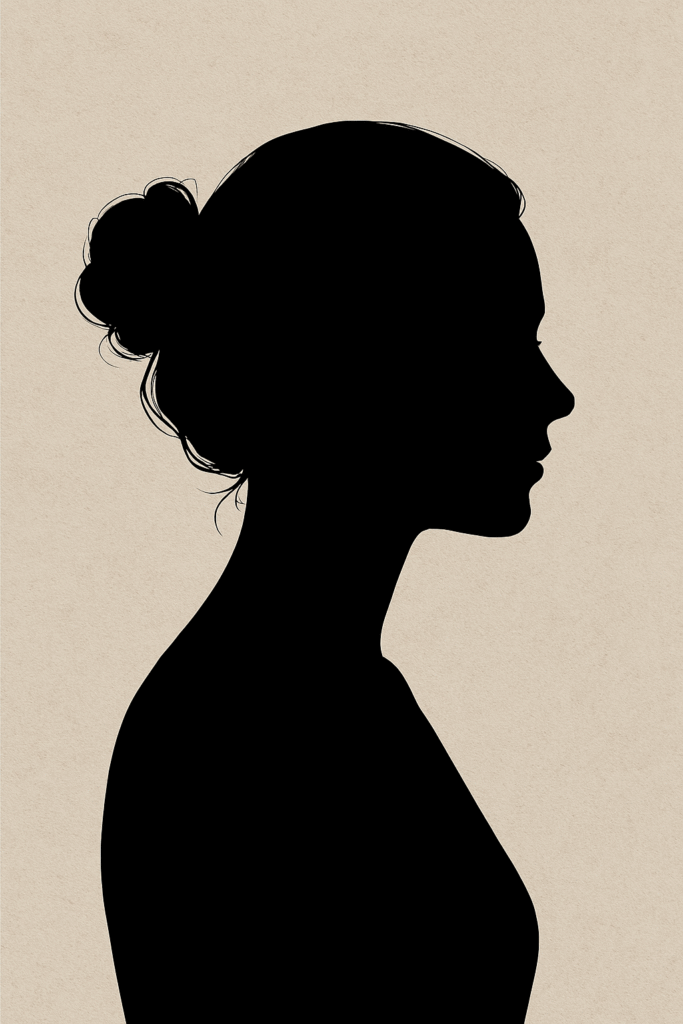 Silhouette of a woman in profile with a messy bun, set against a textured beige background.