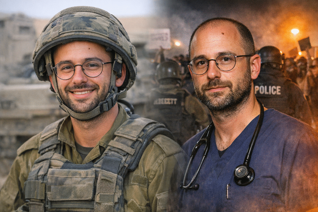 Composite image showing an Israeli soldier in military gear smiling in a desert setting beside an American ICU nurse wearing medical scrubs, with a blurred protest and police scene in the background.
