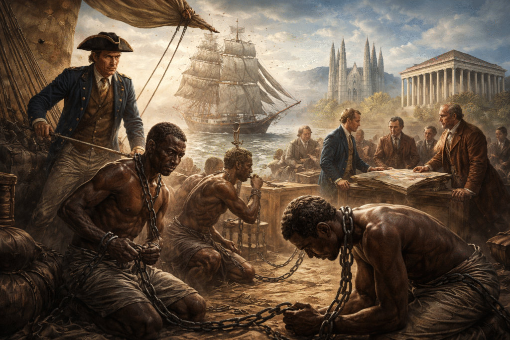 Historical illustration depicting enslaved African men in chains aboard a slave ship in the foreground, with a 19th-century British naval officer, abolitionist figures in discussion, a sailing vessel at sea, and Western civic architecture symbolizing the abolition movement in the background.