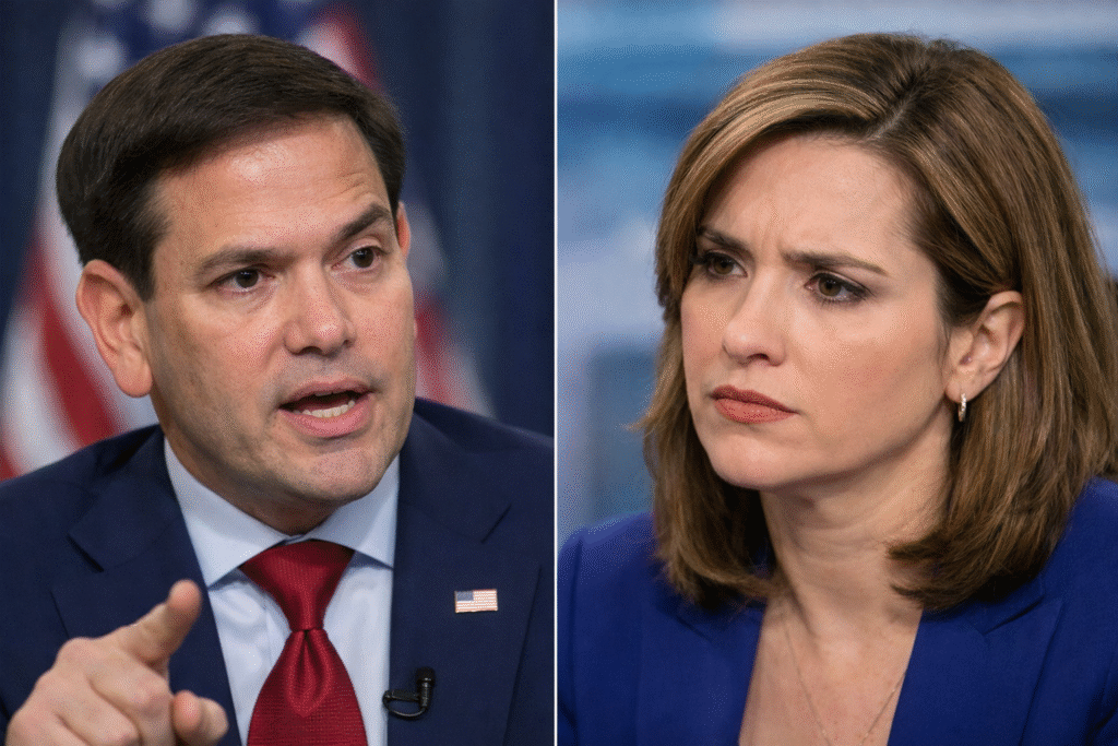 Split-screen image showing U.S. Secretary of State Marco Rubio speaking emphatically during a television interview opposite CBS News anchor Margaret Brennan, who listens with a serious expression in a studio setting.