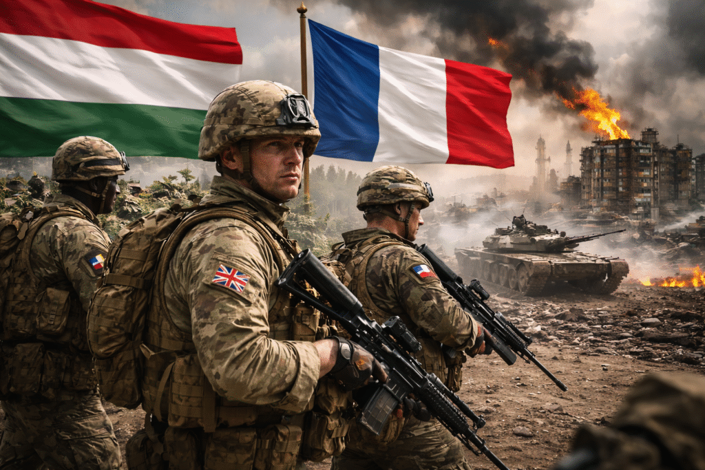 British and French soldiers stand armed in a war-damaged urban area with tanks and smoke in the background, while national flags fly overhead, illustrating concerns over European troop deployments and escalation in Ukraine.