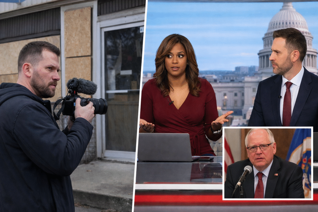 Split-screen image showing YouTuber Nick Shirley filming outside a boarded-up childcare building, alongside CNN anchors in a television studio with an inset image of Minnesota Governor Tim Walz speaking at a press conference.