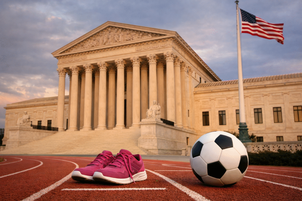 The U.S. Supreme Court building in Washington, D.C., with an American flag in the foreground and girls’ athletic shoes and a soccer ball placed on a running track in front of the courthouse.