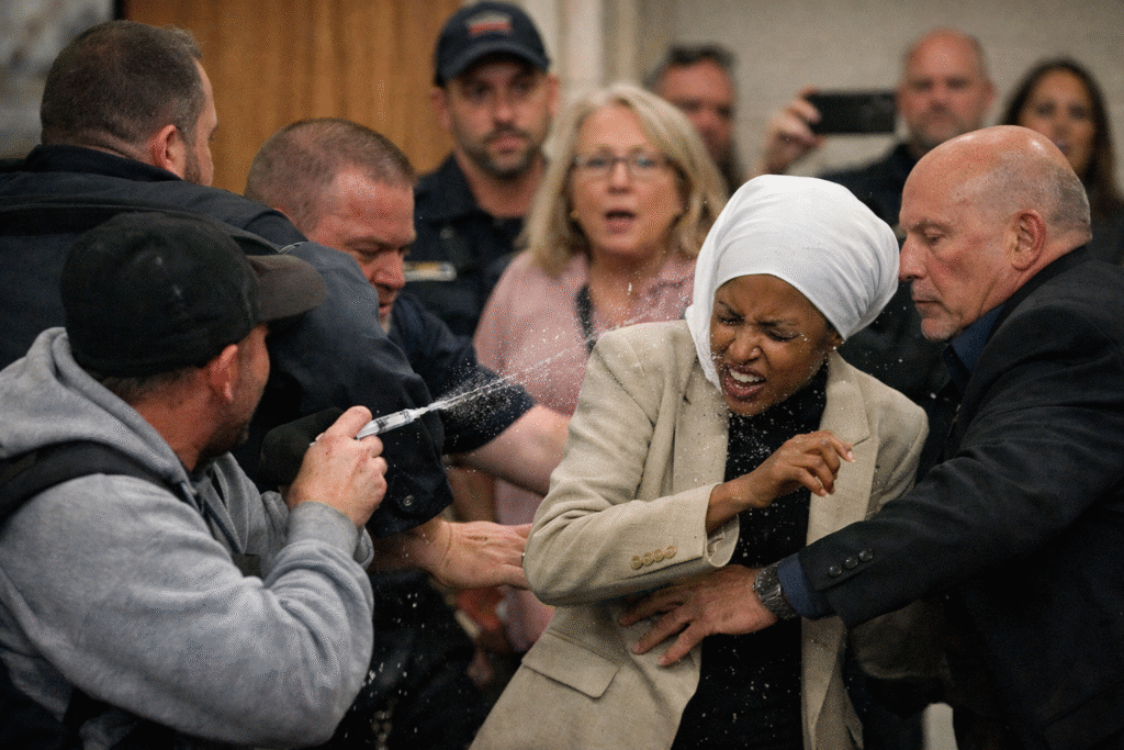 Rep. Ilhan Omar being sprayed with an unknown liquid from a syringe during a Minneapolis town hall as security restrains the suspect and intervenes.