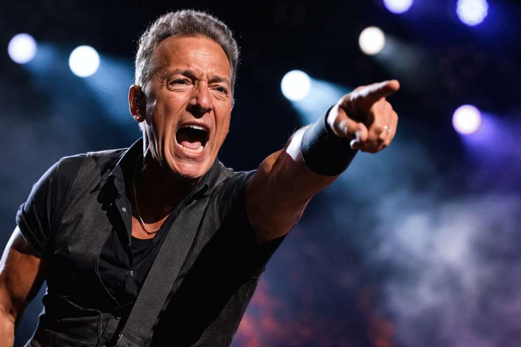 Bruce Springsteen performs on stage during a live concert, pointing toward the crowd with an intense expression under bright stage lighting and smoke.