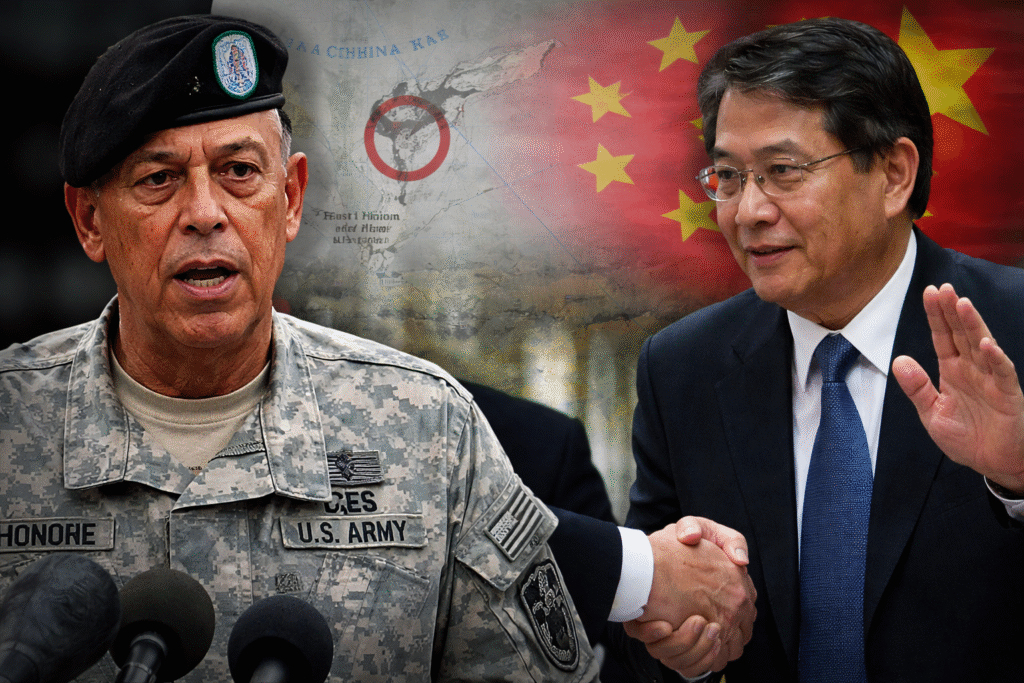 image shows retired U.S. Army Lt. Gen. Russel Honoré speaking in uniform alongside Chinese-American businessman Eugene Ji, with a map of the East China Sea and a Chinese flag in the background.