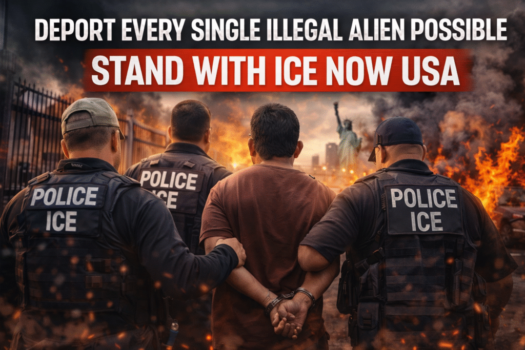 Composite image showing ICE officers escorting a handcuffed man away from a city scene with fires and fencing in the background, with the Statue of Liberty visible in the distance and large protest-style text overlaid calling for deportation and support for ICE.