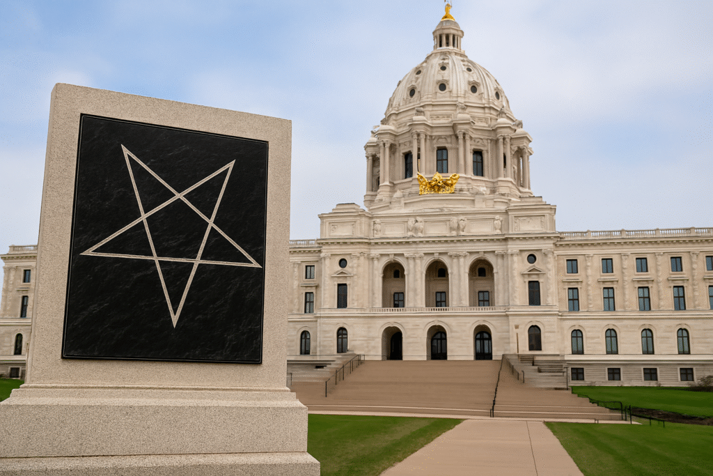The Minnesota State Capitol stands behind a black marble plaque featuring an inverted five-pointed star.