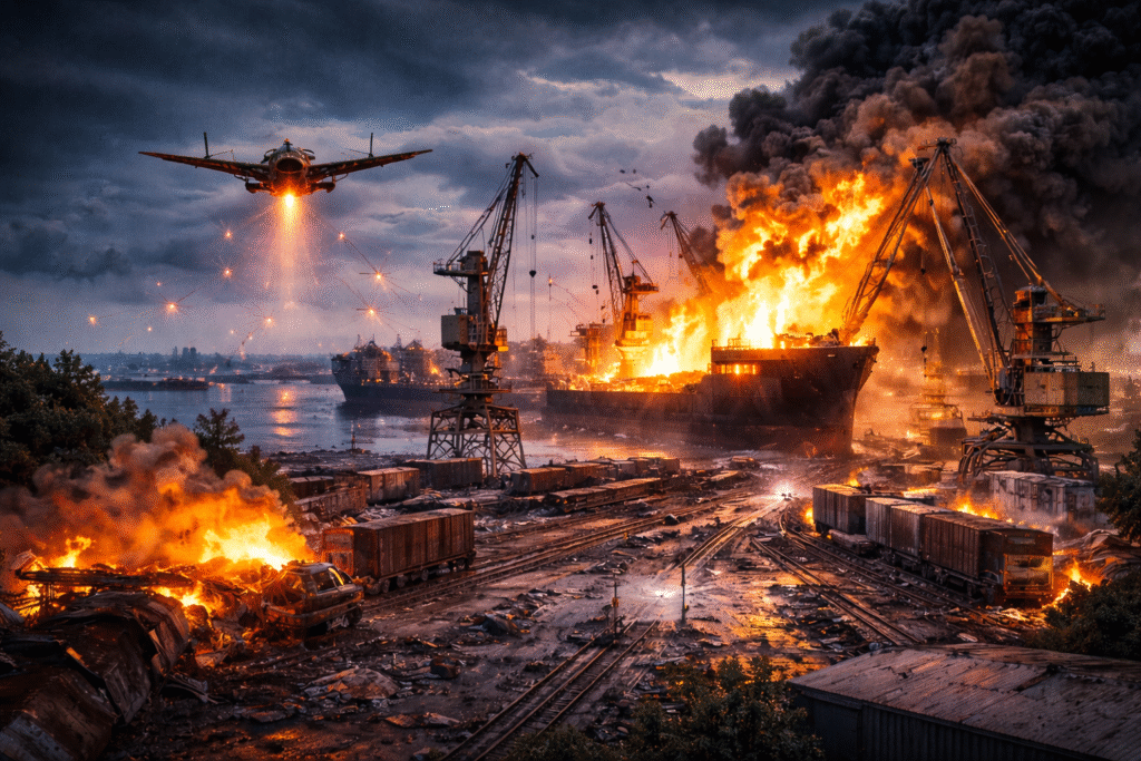 Nighttime view of a burning port in Ukraine’s Odessa region, showing damaged ships, cranes, rail lines, and warehouses amid explosions and smoke following reported drone strikes.