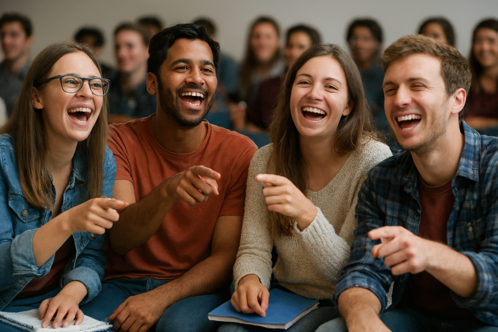 It shows college students in an audience, pointing and laughing at something happening off-stage, with the stage itself not visible. The focus is on their expressions and gestures, capturing the lively energy of the moment.