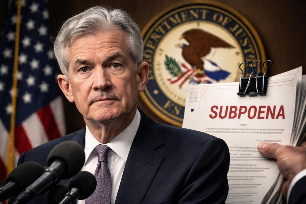 Federal Reserve Chair Jerome Powell stands before microphones with the Department of Justice seal in the background as subpoena documents are held beside him during a news-style scene in Washington, D.C.