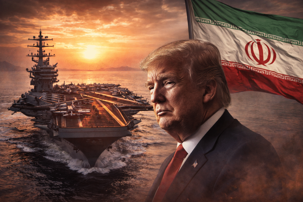 Composite image showing a U.S. Navy aircraft carrier sailing at sunset in Middle Eastern waters, with a portrait of Donald Trump in the foreground and the Iranian flag in the background, symbolizing rising tensions between the United States and Iran.