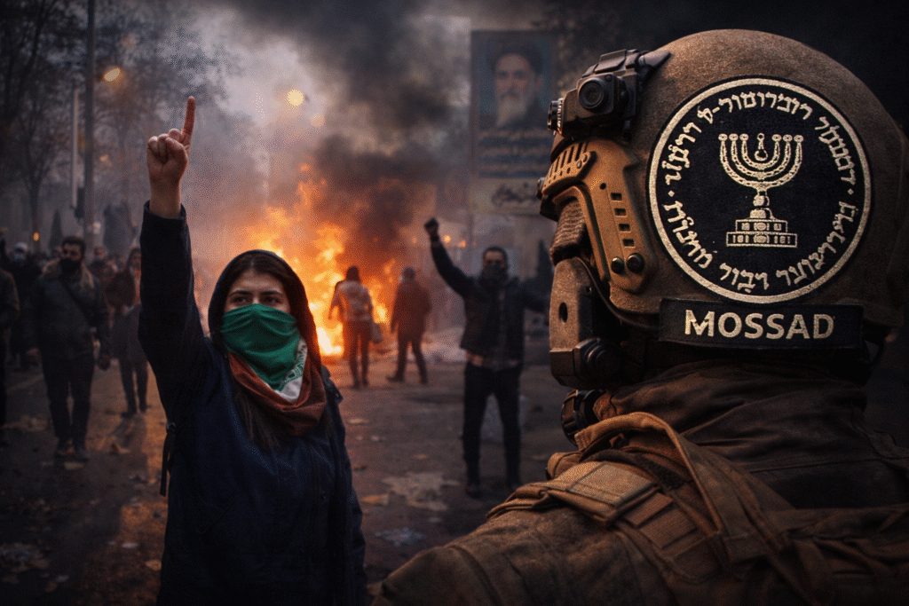 Composite image showing Iranian protesters in a smoke-filled street with fires burning, a masked woman raising her finger in defiance, and a Mossad agent in tactical gear visible in the foreground during unrest in Iran.