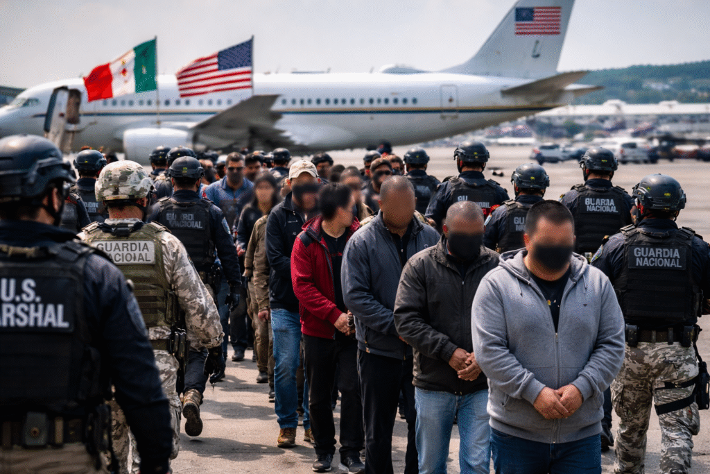 Handcuffed cartel suspects are escorted by U.S. and Mexican security forces across an airport tarmac with a government aircraft and national flags visible in the background.
