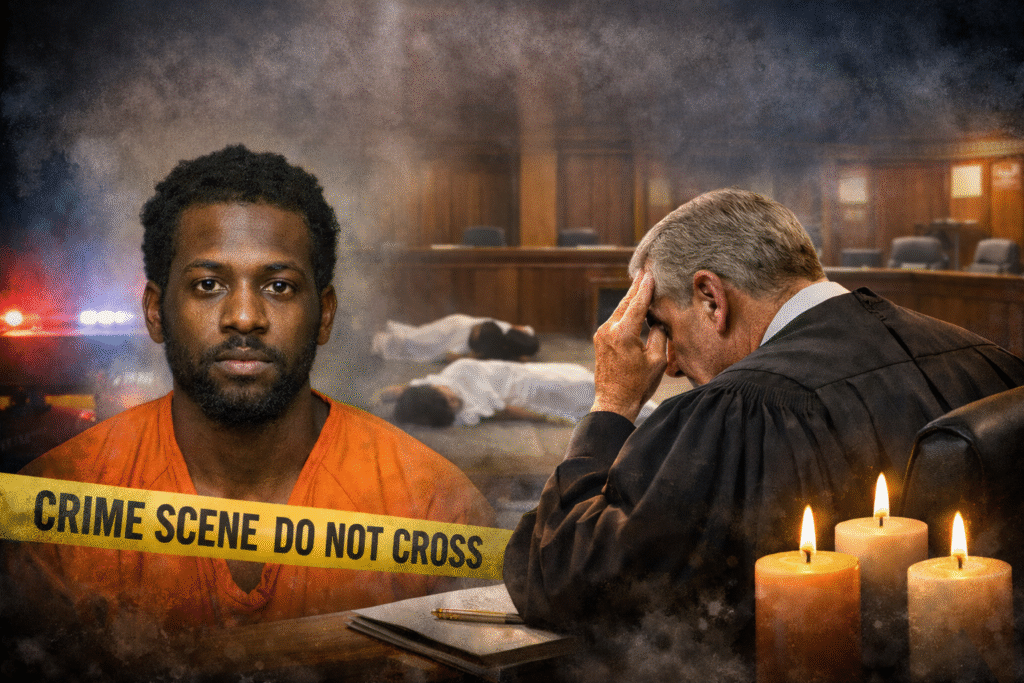 Florida courtroom scene with a judge seated at a desk holding his head in his hand, alongside a mugshot-style image of a male suspect in an orange jail uniform, with blurred police lights, candles, and a faint crime scene background symbolizing a fatal violent crime case.