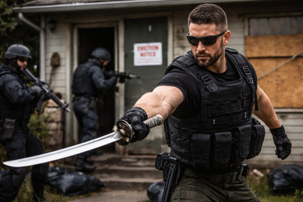A man wearing black tactical gear holds a samurai sword outside a boarded-up house while two armed team members in protective gear enter the property in the background.