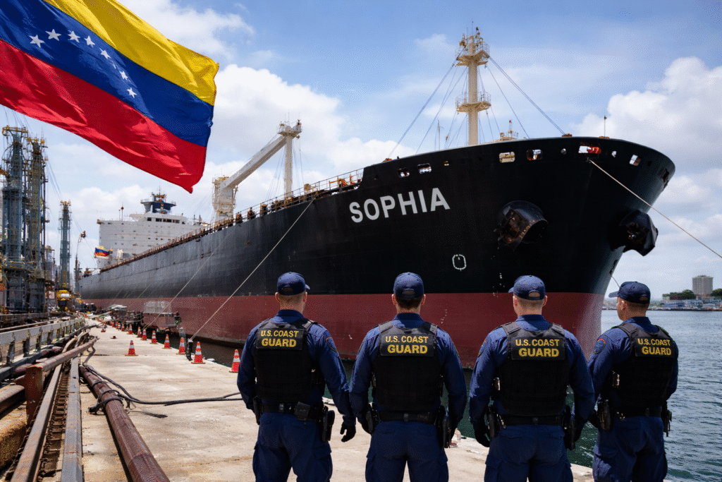 U.S. Coast Guard officers stand on a dock as the oil tanker Sophia is moored at port with a Venezuelan flag visible, following the U.S. decision to return the previously confiscated vessel to Venezuela.