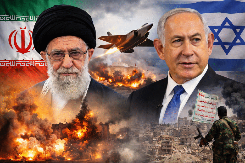 Composite image showing Iran’s Supreme Leader Ali Khamenei, an Israeli fighter jet over explosions, and Israeli Prime Minister Benjamin Netanyahu, illustrating escalating Middle East conflict and power shifts heading into 2026.