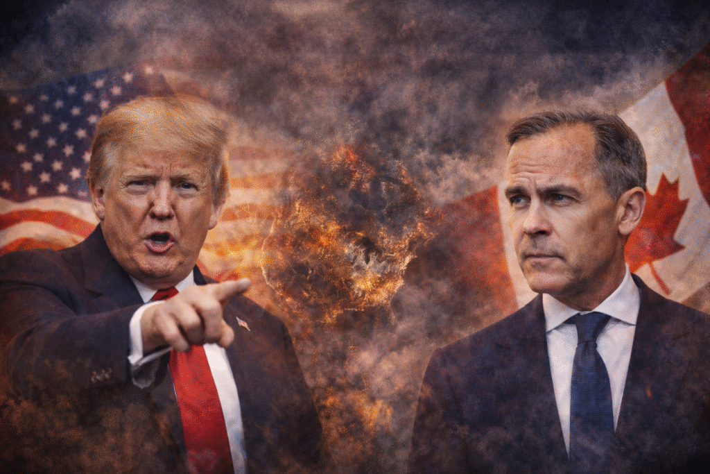 Composite image showing Donald Trump pointing forward in a dark suit and red tie opposite Mark Carney in a suit and blue tie, with U.S. and Canadian flags in the background and a fiery, smoky depiction of North America between them, symbolizing political tension between the United States and Canada.