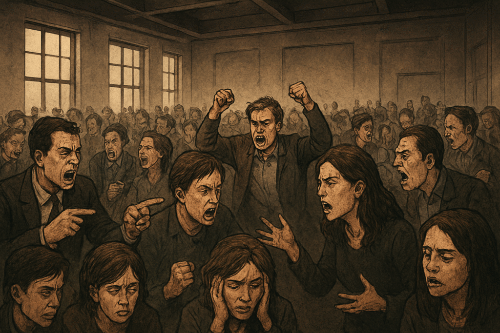 chaotic room filled with people in visible conflict and distress is ready.