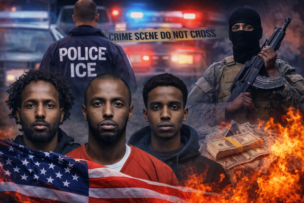 Composite image depicting three unidentified men in the foreground with a police and ICE scene behind them, crime scene tape, flashing emergency lights, a masked armed figure, stacks of U.S. currency, flames, and an American flag, illustrating themes of crime, enforcement, and national security.