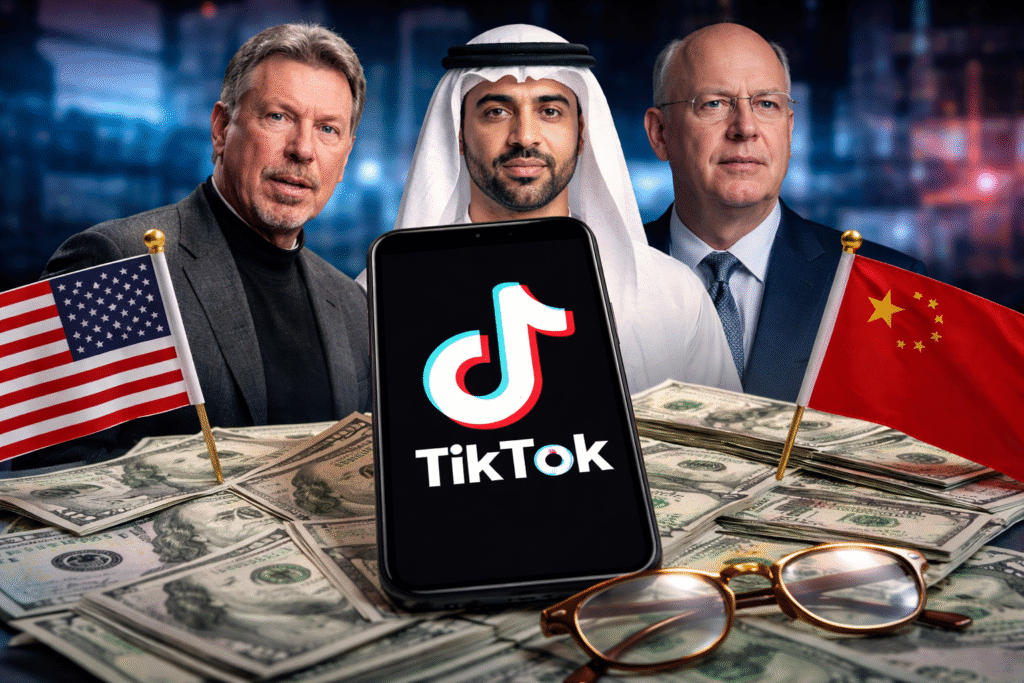 Digital illustration showing a smartphone displaying the TikTok logo placed on stacks of U.S. dollar bills, flanked by American and Chinese flags, with three business figures in the background representing U.S. and UAE investors involved in the TikTok U.S. ownership deal.