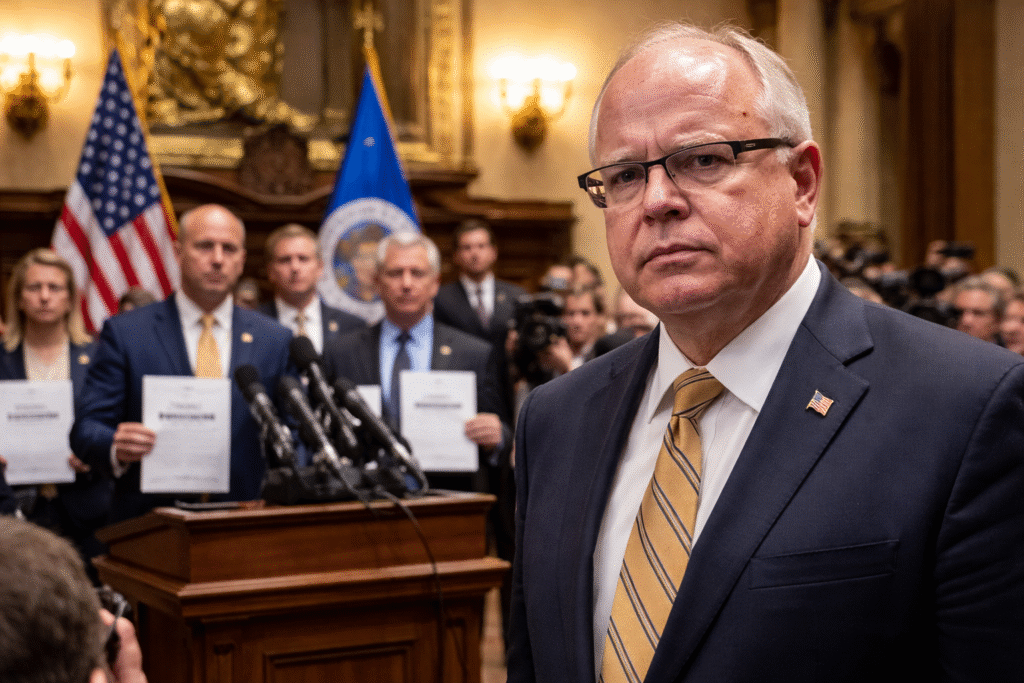 Minnesota Gov. Tim Walz stands inside the state capitol as lawmakers hold impeachment documents during a press event with reporters and microphones nearby.