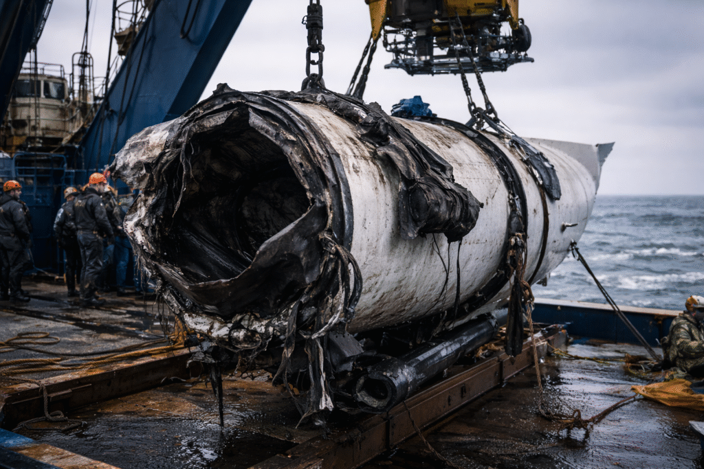 Wreckage of the Titan submersible with a collapsed cylindrical hull being lifted onto a research vessel deck by crane, as crew members and a remotely operated vehicle assist during recovery at sea.