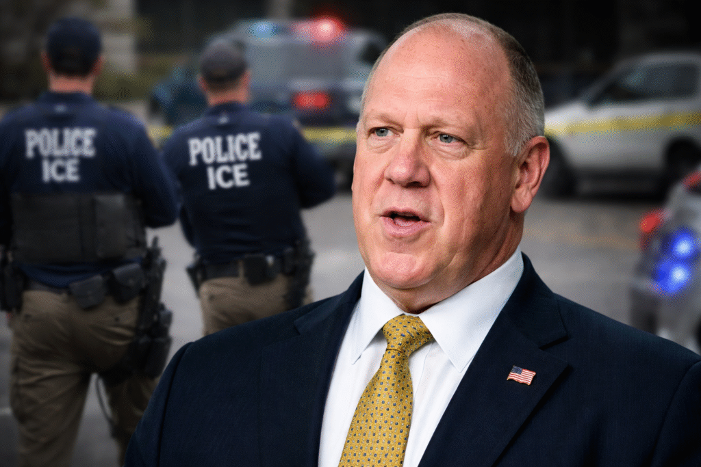 Tom Homan speaking in a suit and tie with ICE officers and police vehicles visible in the blurred background during an immigration enforcement scene.