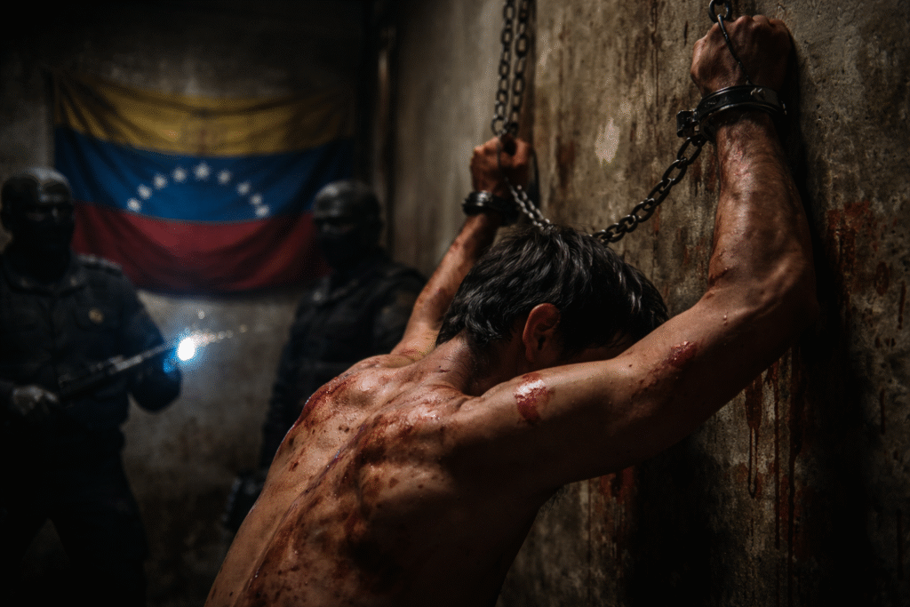 Venezuelan political prisoner shackled to a wall inside a dark detention cell, showing visible injuries, as masked security officers stand nearby with the Venezuelan flag hanging in the background.