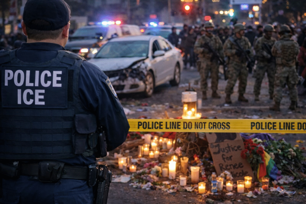ICE officer stands behind police tape at a nighttime crime scene with a damaged vehicle, candle memorial on the street, and National Guard or riot police positioned nearby as emergency lights illuminate the area.