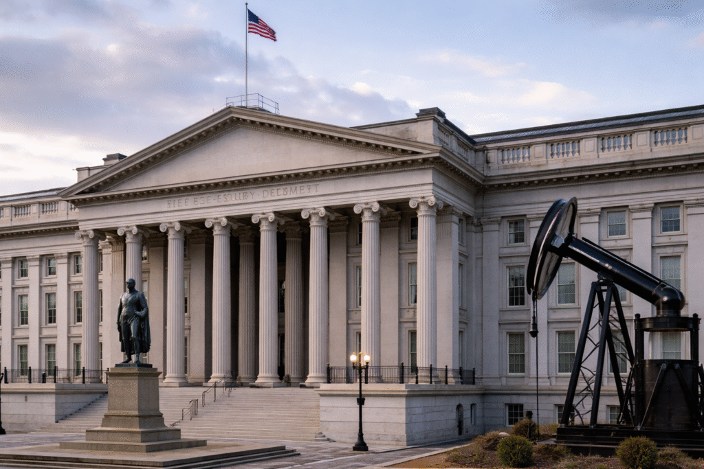 Exterior of the U.S. Treasury Department building in Washington, D.C., showing the neoclassical facade with columns, an American flag, and a statue in front, with an oil pumpjack visible nearby.