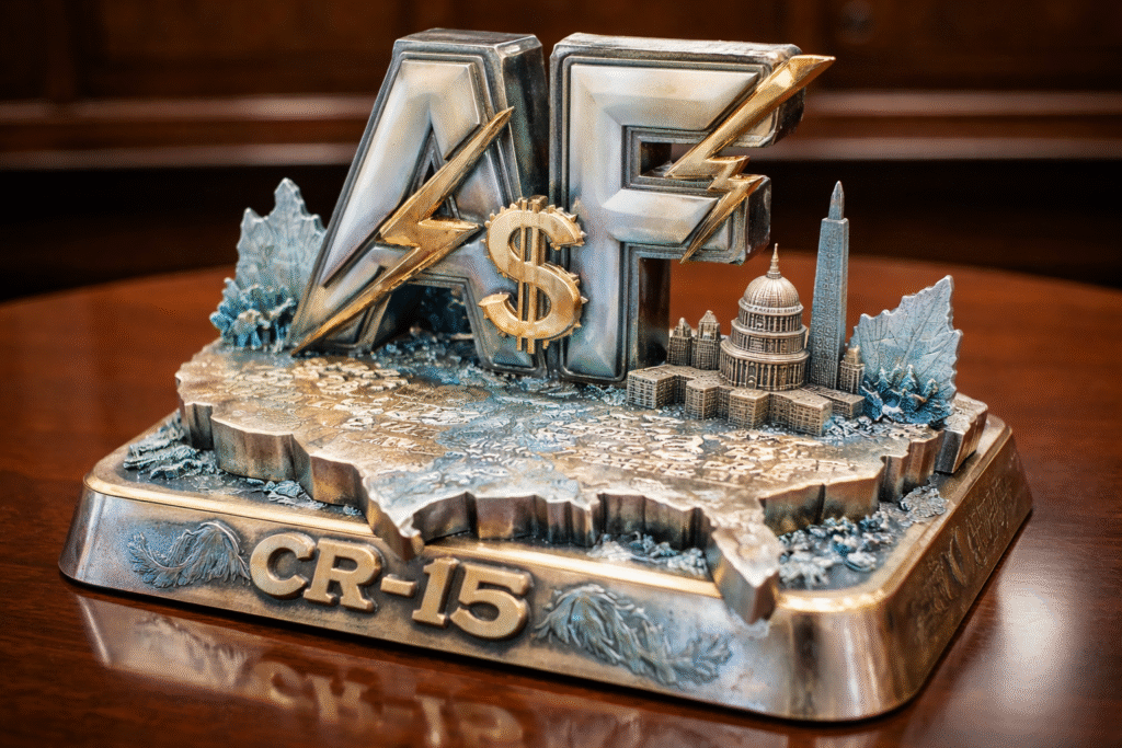 A metallic trophy labeled “AF” with lightning bolt and dollar sign details sits on a base shaped like a map of the United States, featuring miniature buildings and the marking “CR-15.”