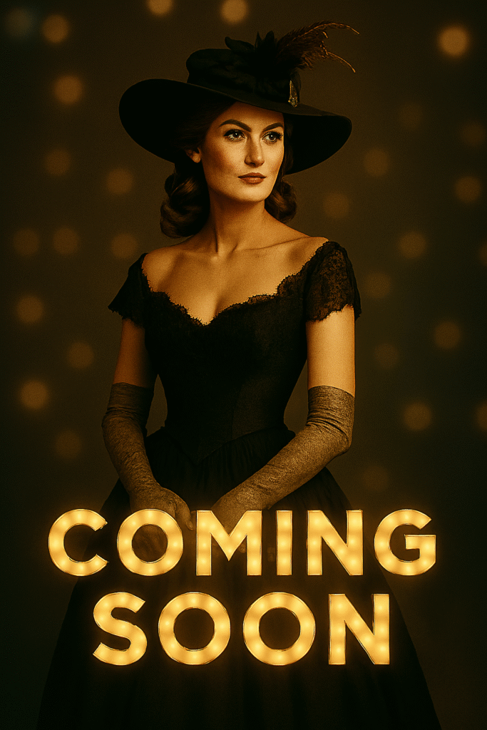 A poised woman in a vintage black gown and feathered hat stands before glowing marquee lights and a “COMING SOON” sign, evoking classic Hollywood elegance.